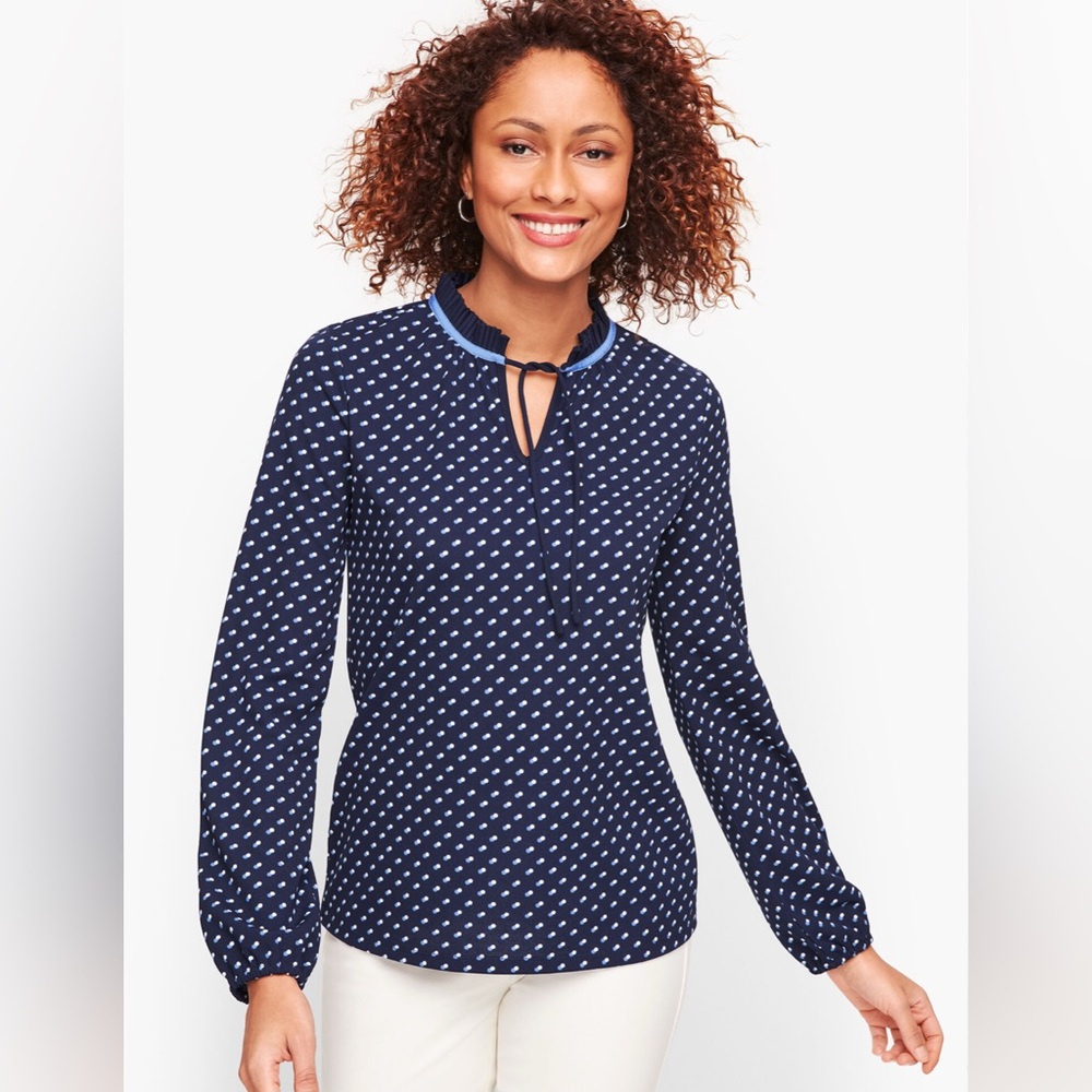 Talbots PLEATED TIE NECK TOP‎ Plus Size Navy Dot Print Blouse 2X Tunic Stretch